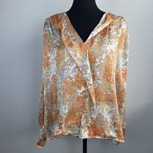 Vince Top Womens Large 100% Silk Lightweight Pullover Shirred Floral Watercolor